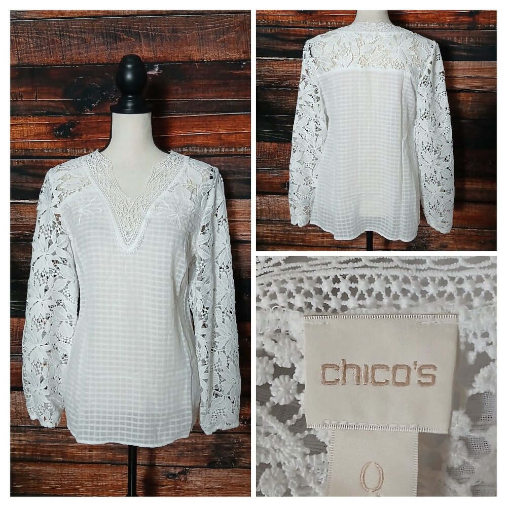 Chico's Top Size 0 US Small White Crochet Lace Sheer Lightweight